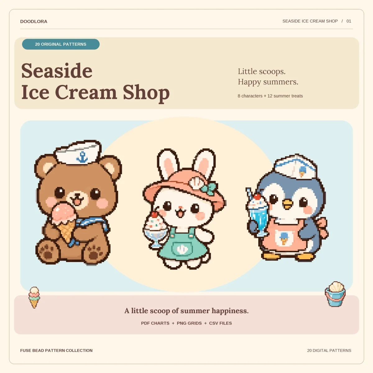 A bear in a sailor hat licking a pink ice cream cone, a bunny in a peach sunhat with a sundae and a penguin in an apron holding a blue float