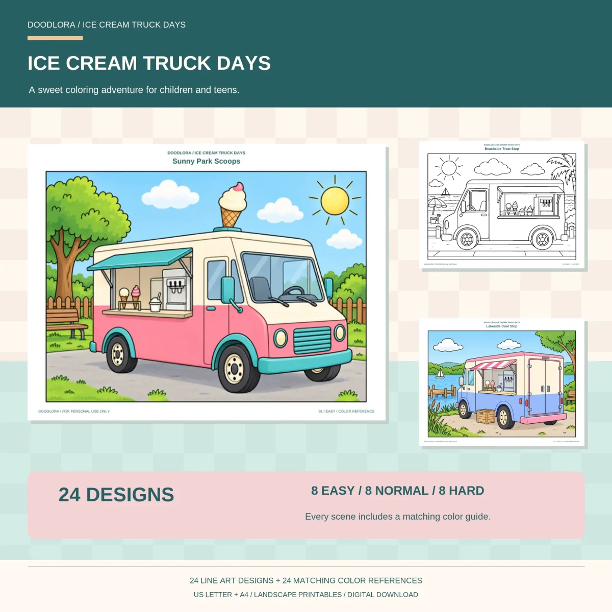 Ice Cream Truck Days cover with a pink and cream truck in a park, a beach stop outline and a blue truck parked by a lake
