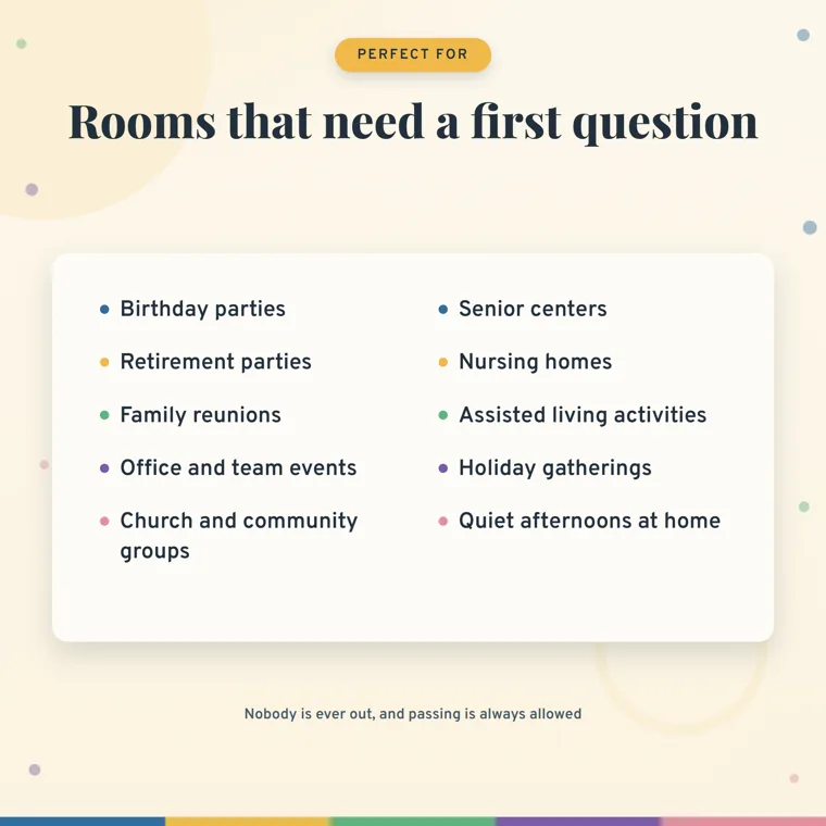 A list of places to play: birthday parties, retirement parties, family reunions, office and team events, church and community groups, senior centers, nursing homes, assisted living activities, holiday gatherings and quiet afternoons at home