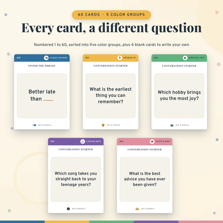 Five sample conversation cards, one from each color group, numbered 01, 21, 31, 41 and 51