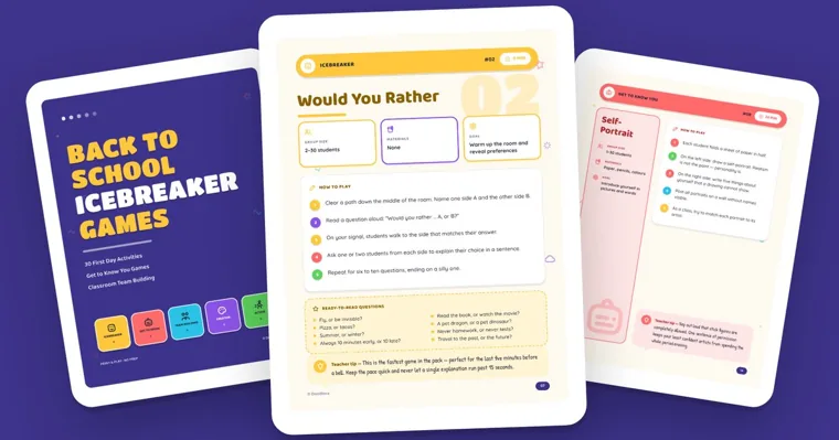 The cover of a Back to School Icebreaker Games pack between its Would You Rather and Self-Portrait game pages on a purple background