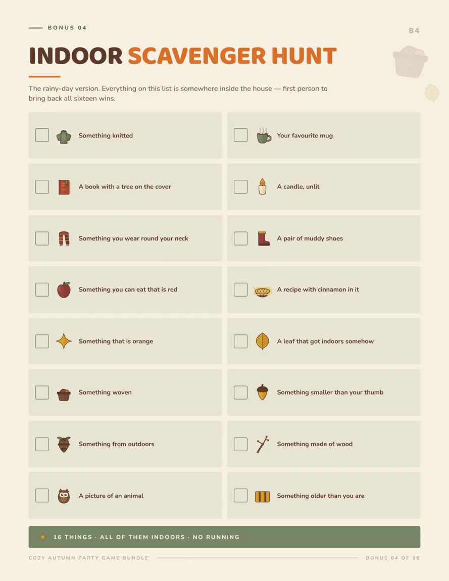 Indoor scavenger hunt page with sixteen checkbox lines in two columns, from something knitted and a candle, unlit to something smaller than your thumb, above a banner reading 16 things, all of them indoors, no running