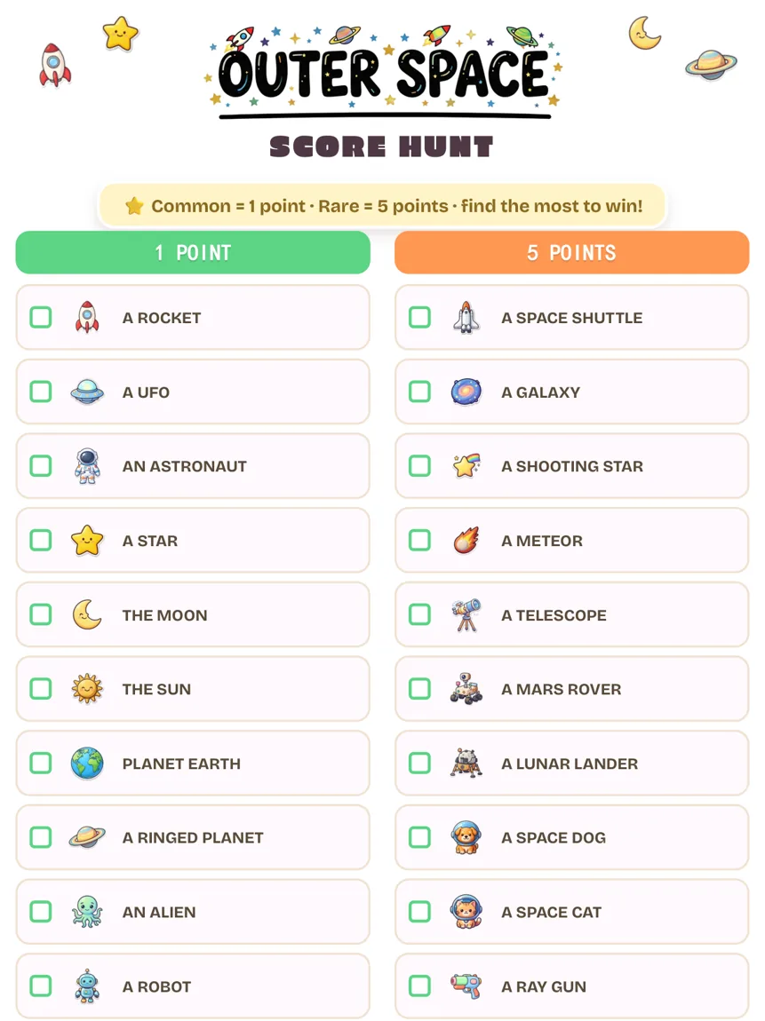 Outer Space score hunt page with two columns of checkboxes, ten 1-point finds such as a rocket, the moon and a robot, and ten 5-point finds such as a galaxy, a meteor and a Mars rover