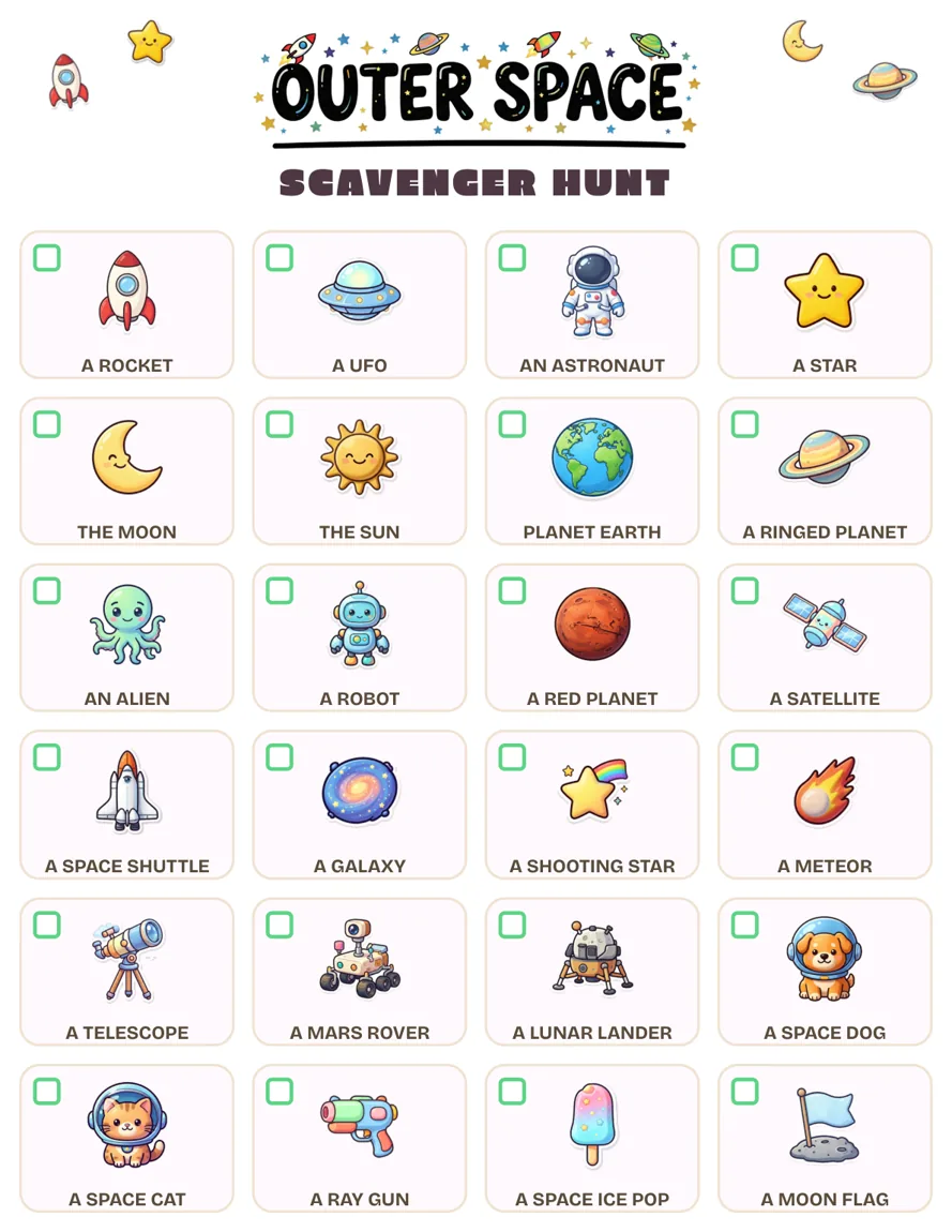 Outer Space scavenger hunt grid of 24 boxes, four across, each with a checkbox and a cartoon picture labeled underneath, from a rocket and a UFO to a space ice pop and a moon flag