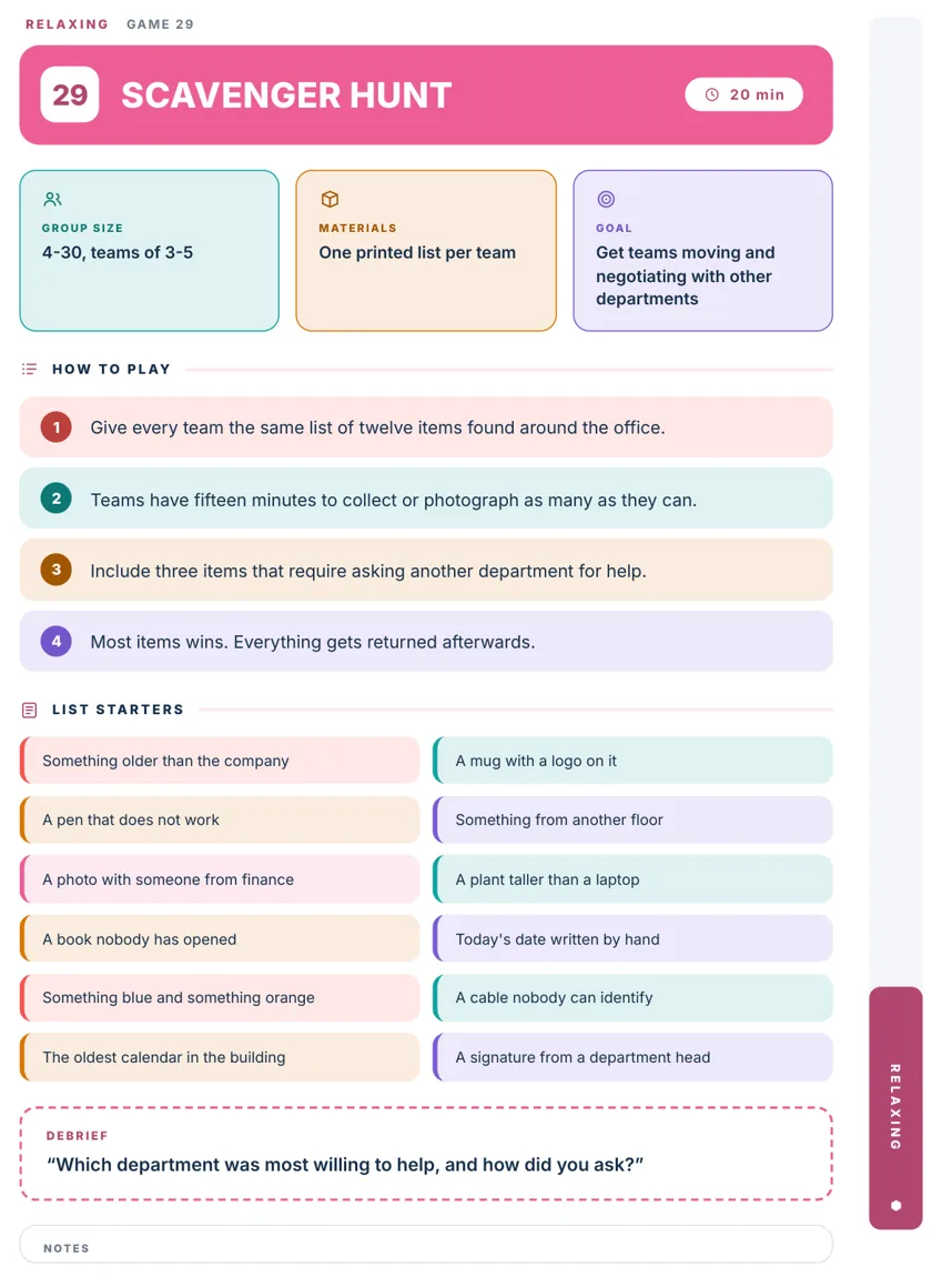 Office scavenger hunt game page for 4 to 30 players in teams of 3 to 5, with four numbered steps and twelve list starters such as a pen that does not work and a signature from a department head
