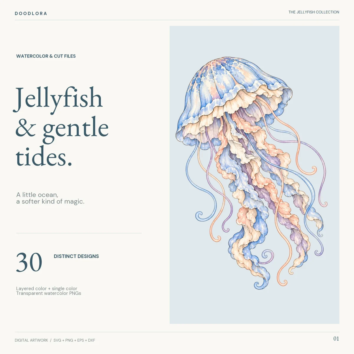 A watercolor jellyfish with a blue and peach bell and long ruffled arms in blue, peach and lavender, beside the title Jellyfish and gentle tides