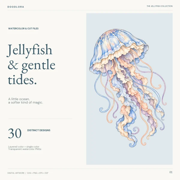 A watercolor jellyfish with a blue and peach bell and long ruffled arms in blue, peach and lavender, beside the title Jellyfish and gentle tides