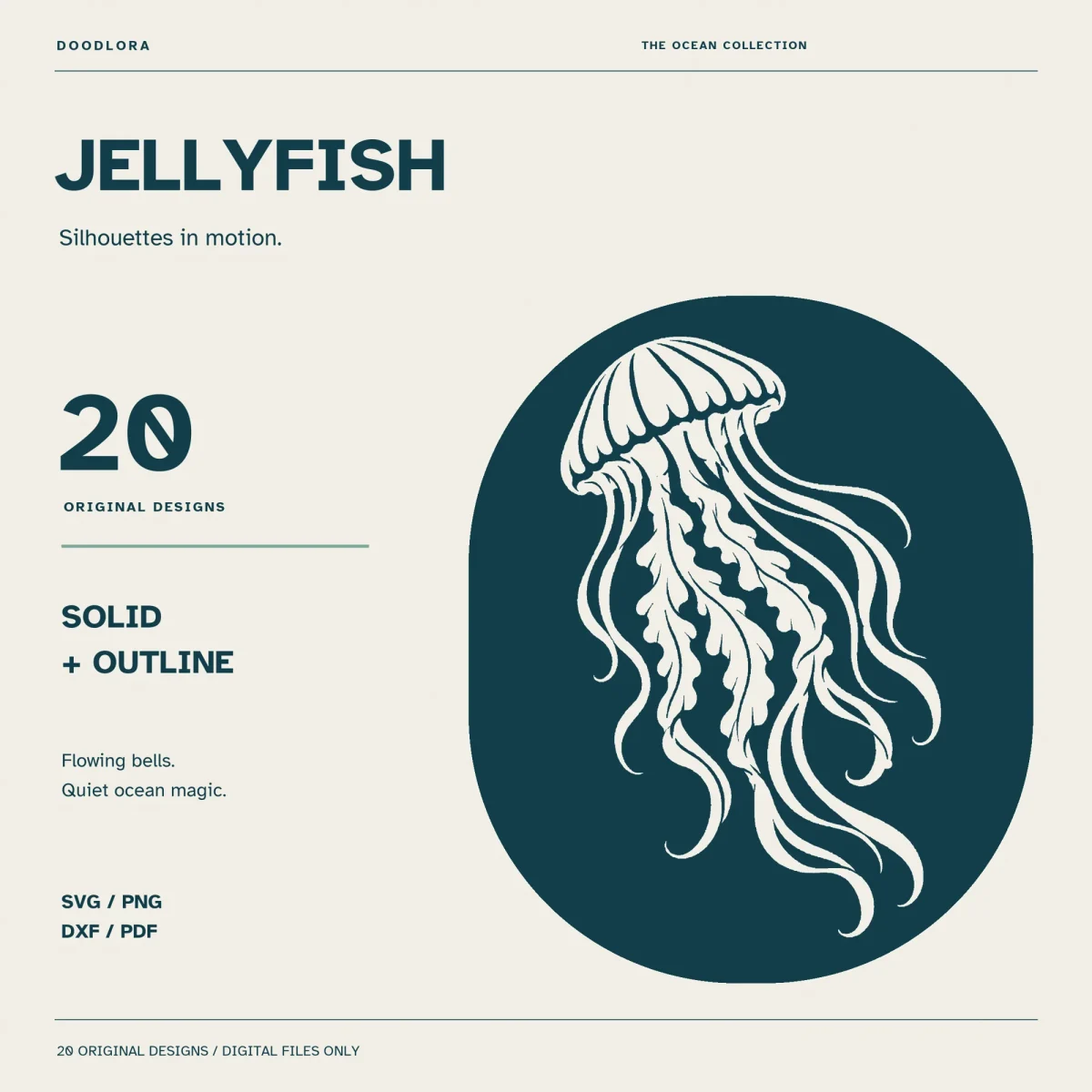 A cream jellyfish with a ribbed bell and long ruffled tentacles on a dark teal oval, beside the words Jellyfish, 20 original designs, solid plus outline, SVG, PNG, DXF and PDF