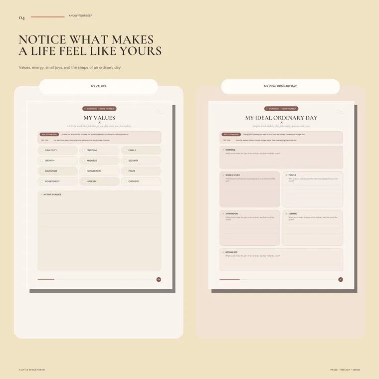 The My Values page with value words to circle, such as freedom, family and curiosity, beside the My Ideal Ordinary Day page split into morning, afternoon, evening and before bed