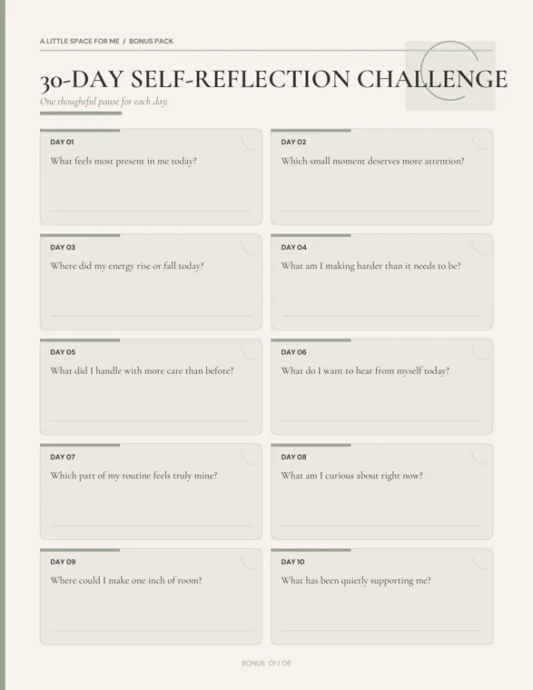 First page of a 30-day self-reflection challenge with ten boxed questions labeled Day 01 to Day 10