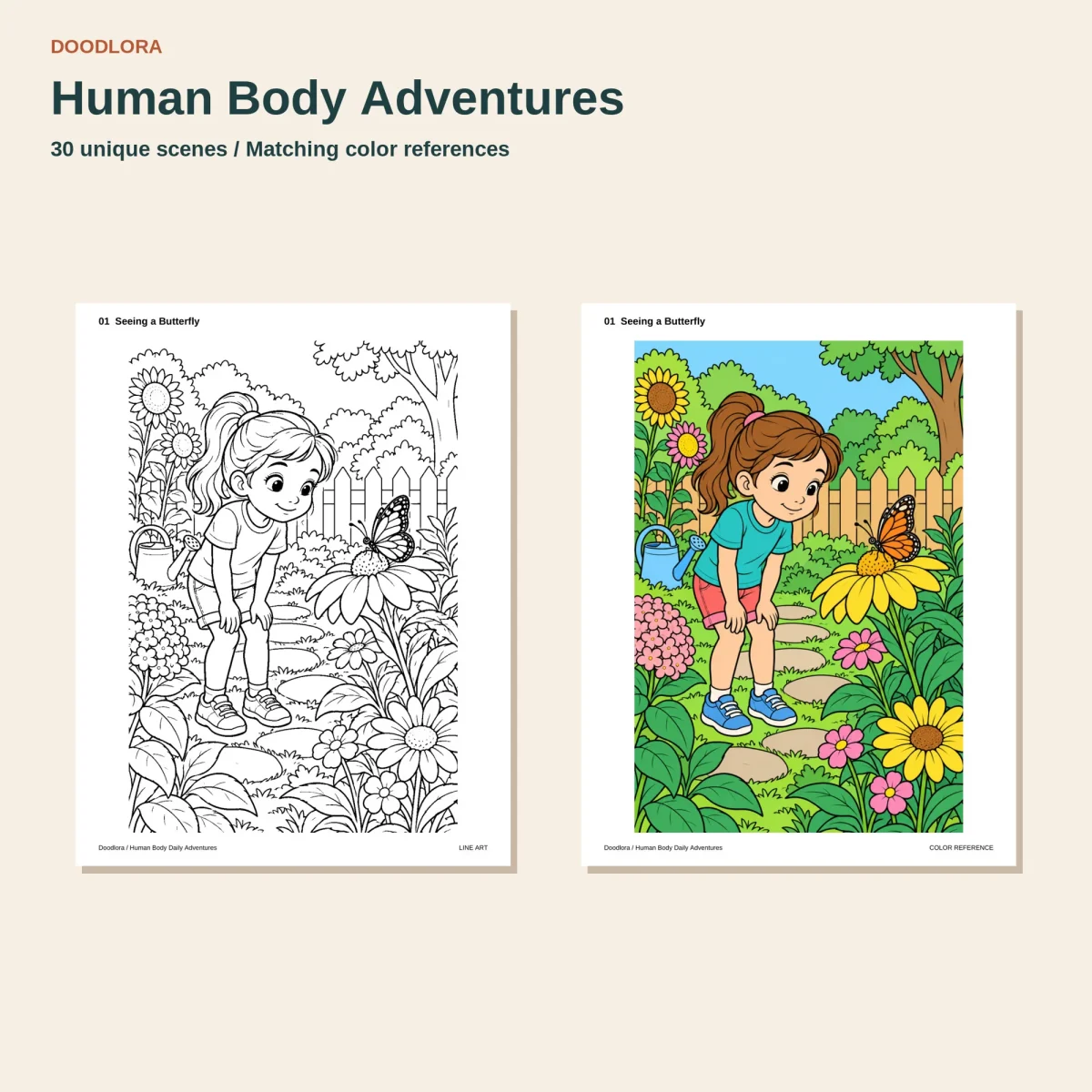 Seeing a Butterfly, a girl bending over a sunflower to look at a butterfly, as line art and as a bright green and yellow color page