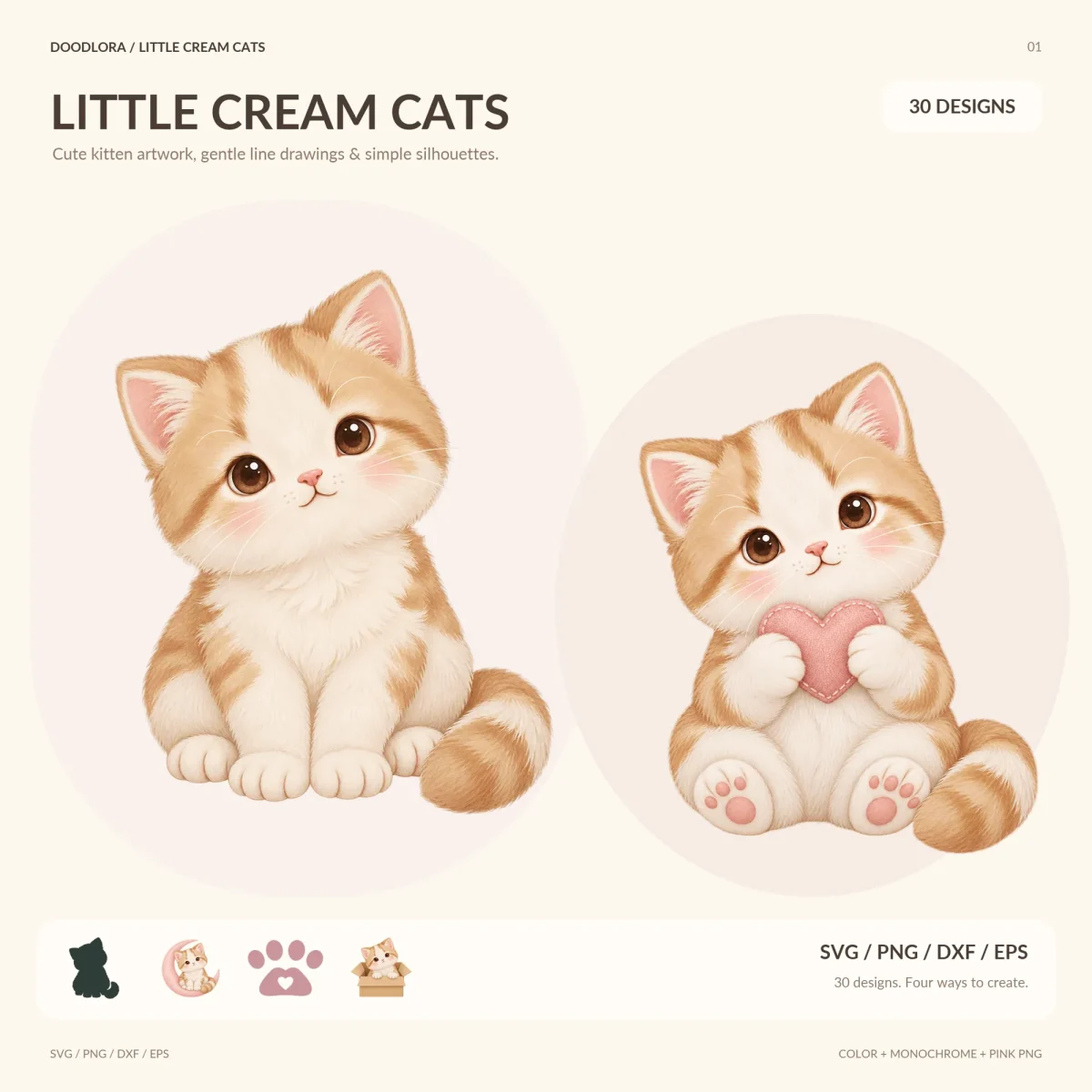 Two painted ginger-and-cream kittens, one sitting and one holding a pink stitched heart, above small icons of a silhouette, a moon kitten, a heart paw print and a kitten in a box