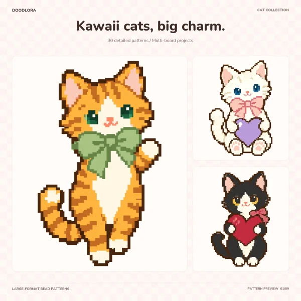 An orange tabby kitten in a green bow waving one paw, beside a white kitten holding a purple heart and a tuxedo kitten holding a red heart