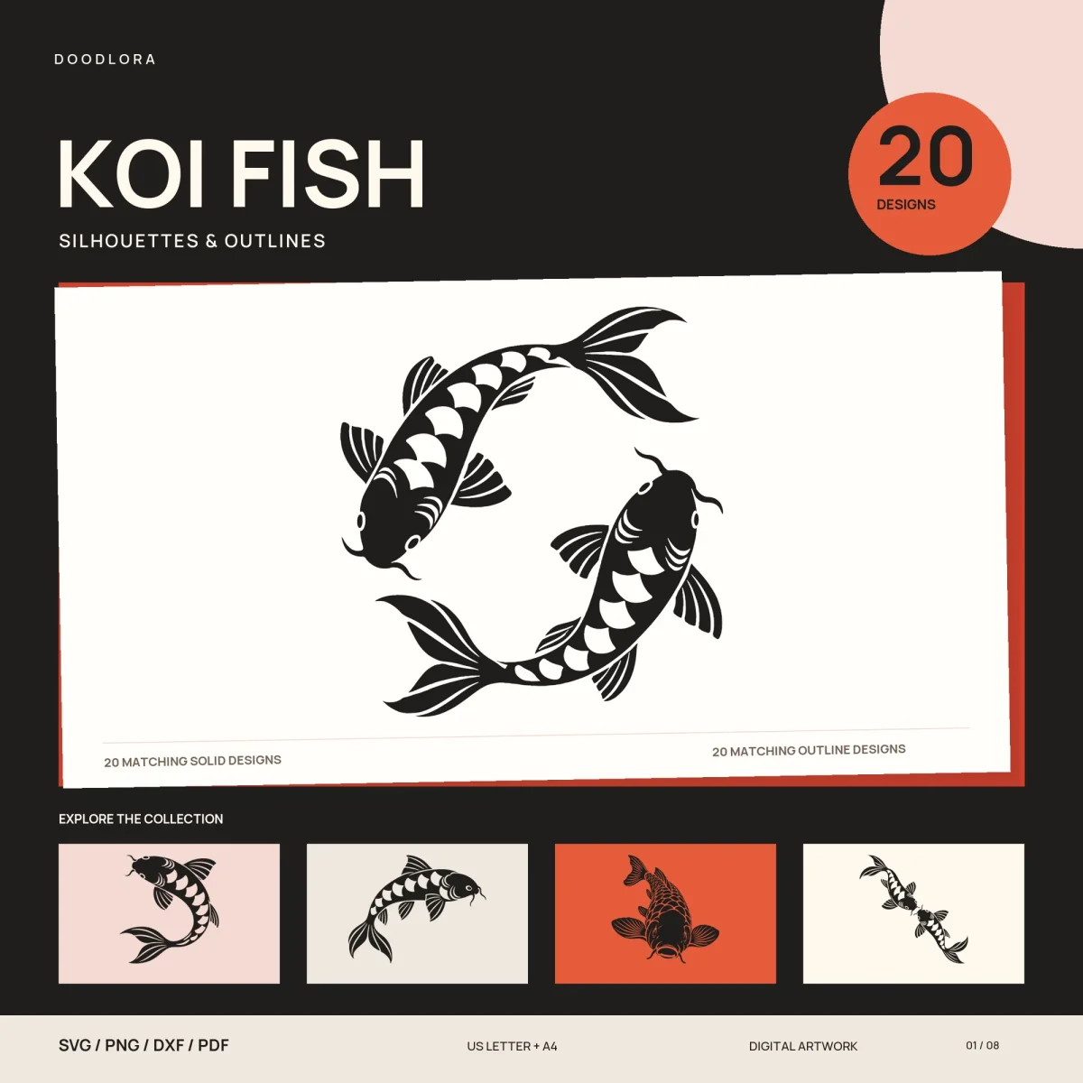 Two black koi with white scale markings circling head to tail on a white card, under the title Koi Fish, silhouettes and outlines, 20 designs, with four smaller koi below