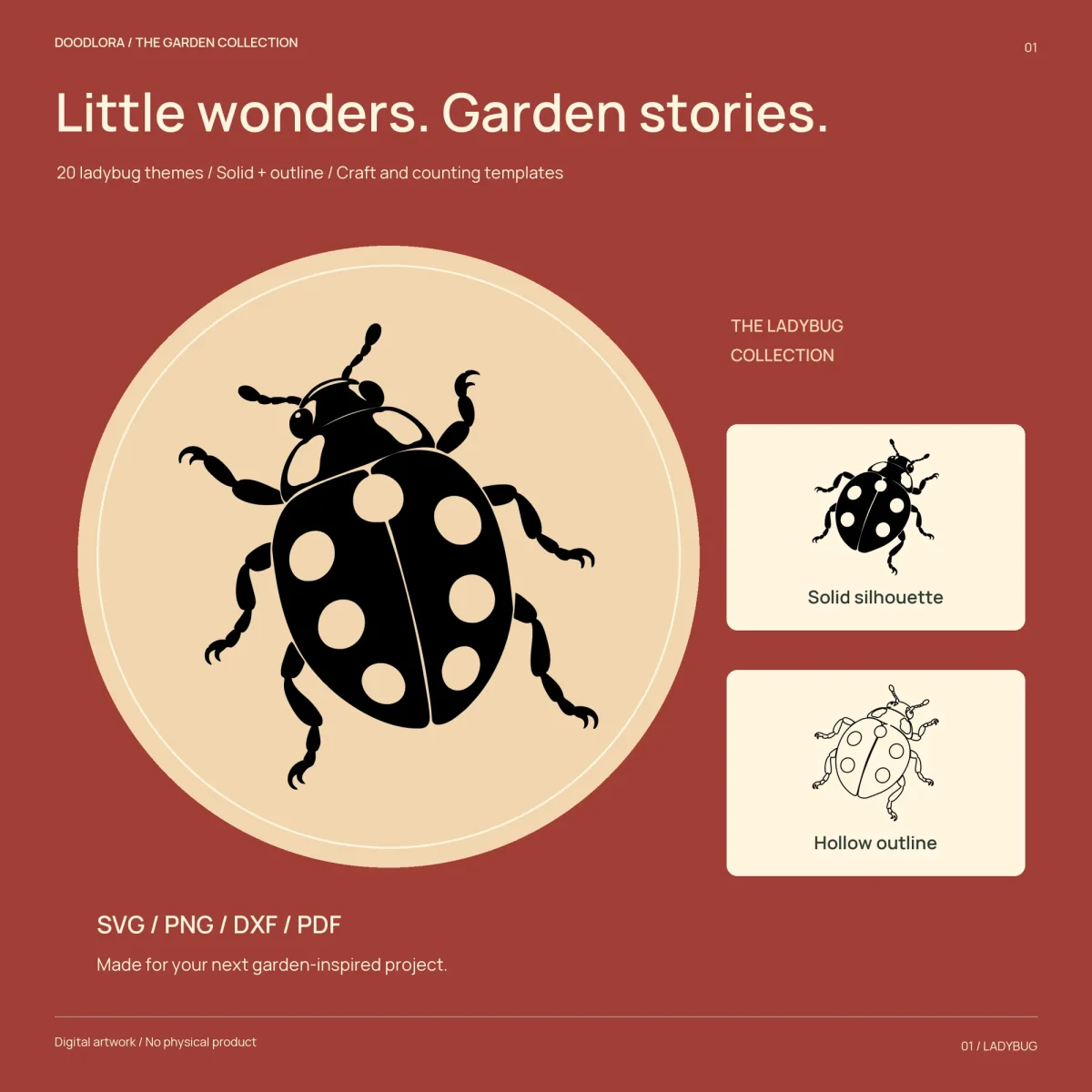 A large solid black seven-spot ladybug on a cream circle, with small solid and hollow outline versions beside it on a brick red background