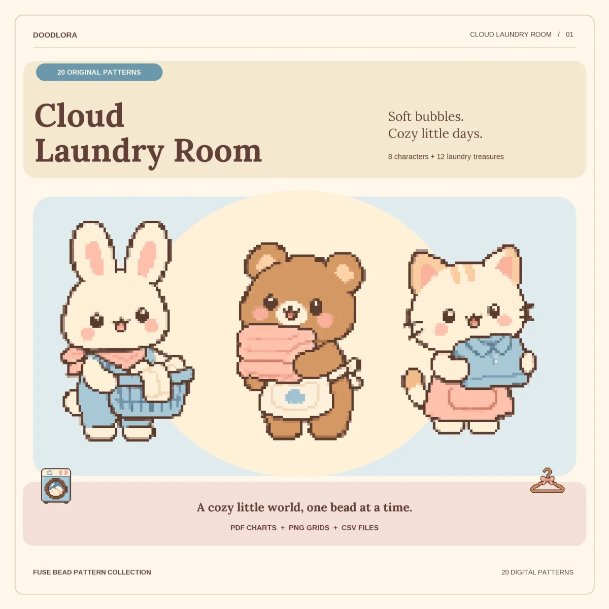 A bunny carrying a blue laundry basket, a bear holding a pile of pink linens and a kitten with a blue shirt, a small washer and hanger below