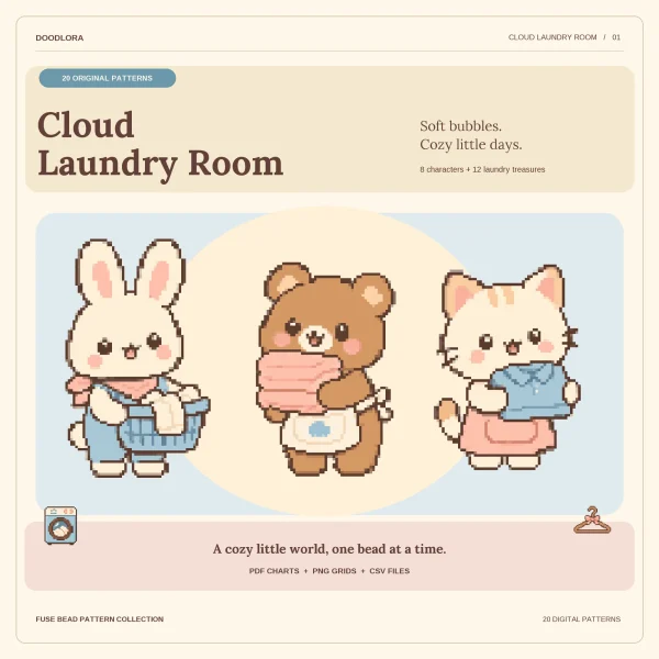 A bunny carrying a blue laundry basket, a bear holding a pile of pink linens and a kitten with a blue shirt, a small washer and hanger below
