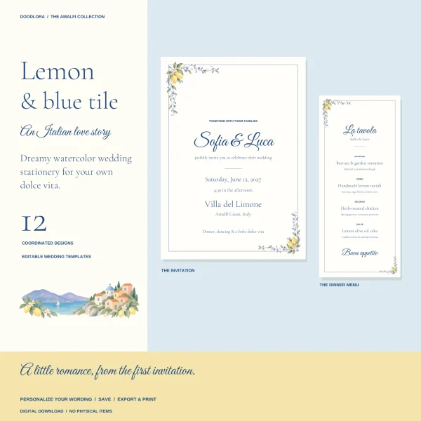 A Sofia and Luca wedding invitation with lemon and blue flower corners, beside a tall dinner menu headed La tavola, with a watercolor coastal village below
