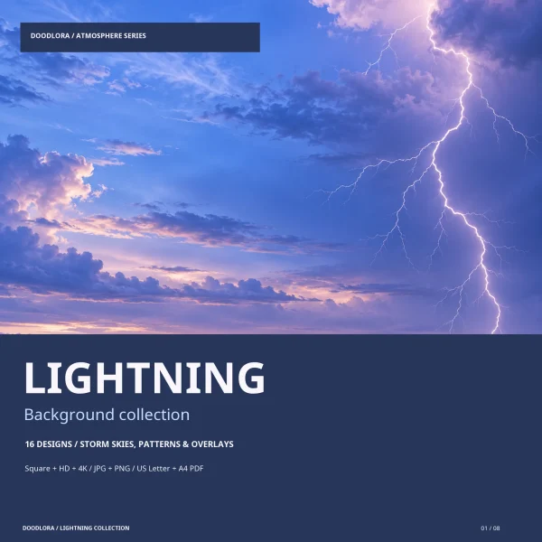 A bright branching bolt dropping from purple clouds on the right side of a blue evening sky, above the title Lightning Background collection