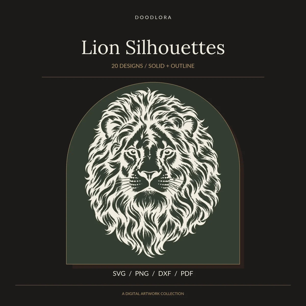 Front-facing lion head with a full mane in cream on a dark green arch, titled Lion Silhouettes, 20 designs, solid and outline