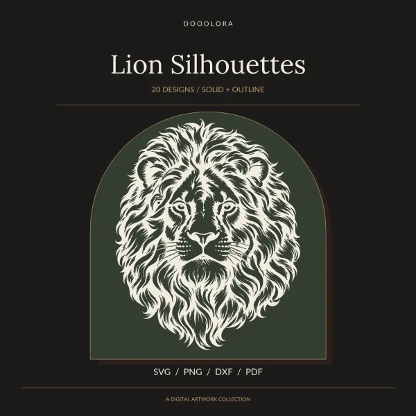 Front-facing lion head with a full mane in cream on a dark green arch, titled Lion Silhouettes, 20 designs, solid and outline