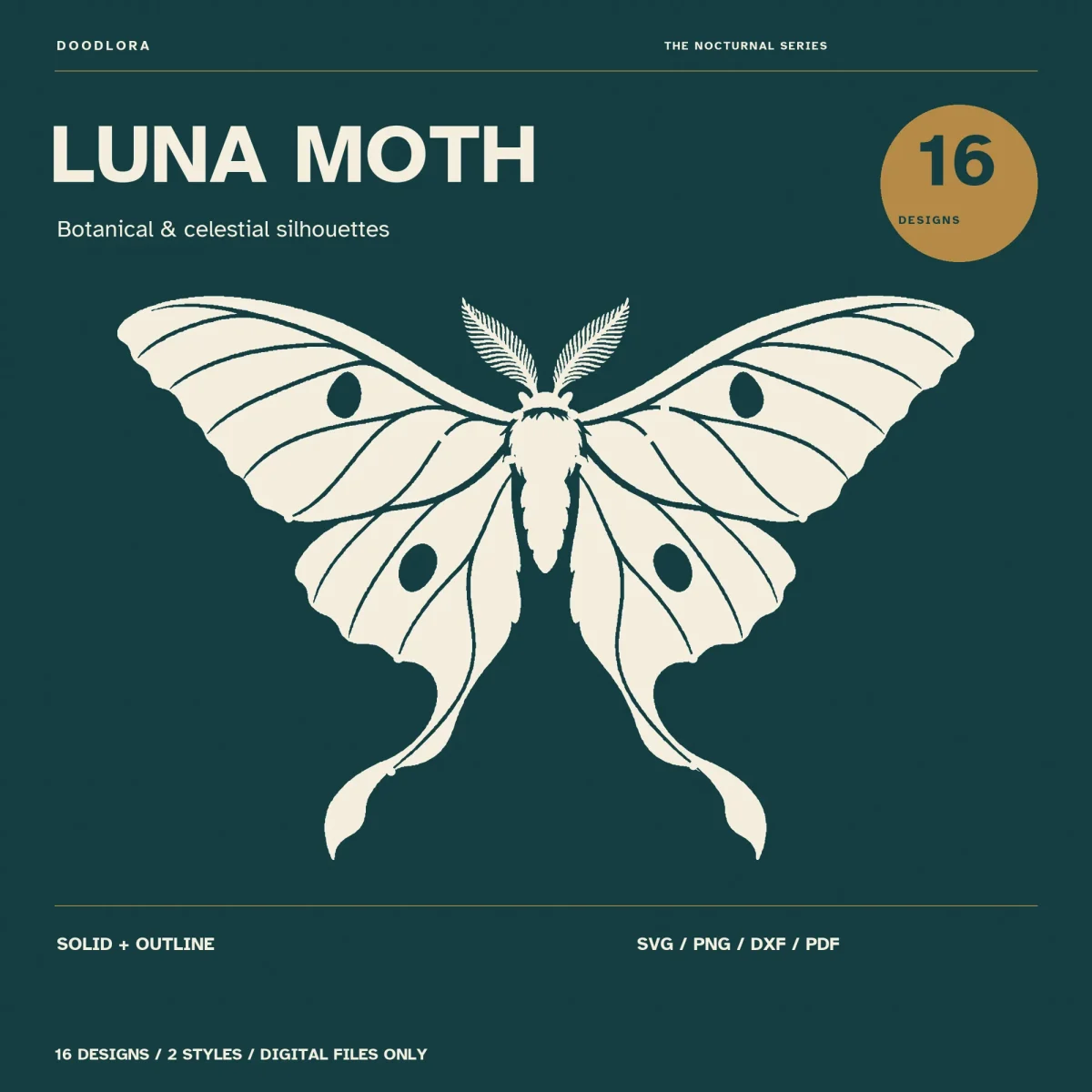 A cream luna moth with open wings, feathered antennae, eyespots and long curling tails on dark teal, labeled 16 designs, solid plus outline