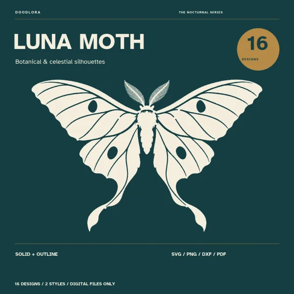 A cream luna moth with open wings, feathered antennae, eyespots and long curling tails on dark teal, labeled 16 designs, solid plus outline