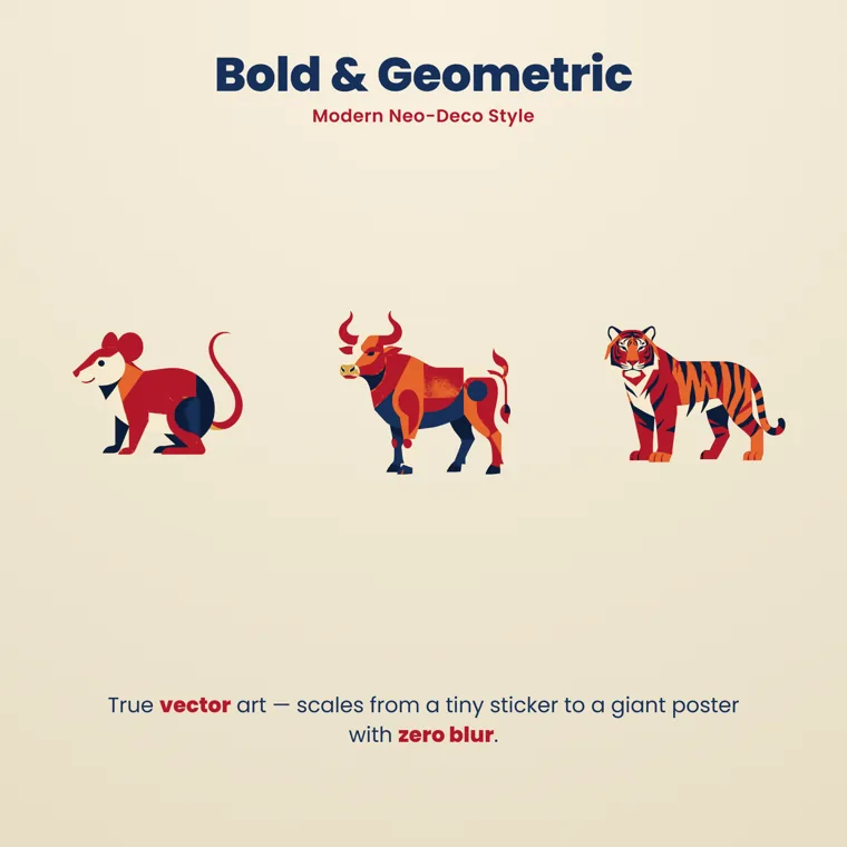 A red and orange geometric rat, horned ox and striped tiger standing in a row under the heading Bold & Geometric