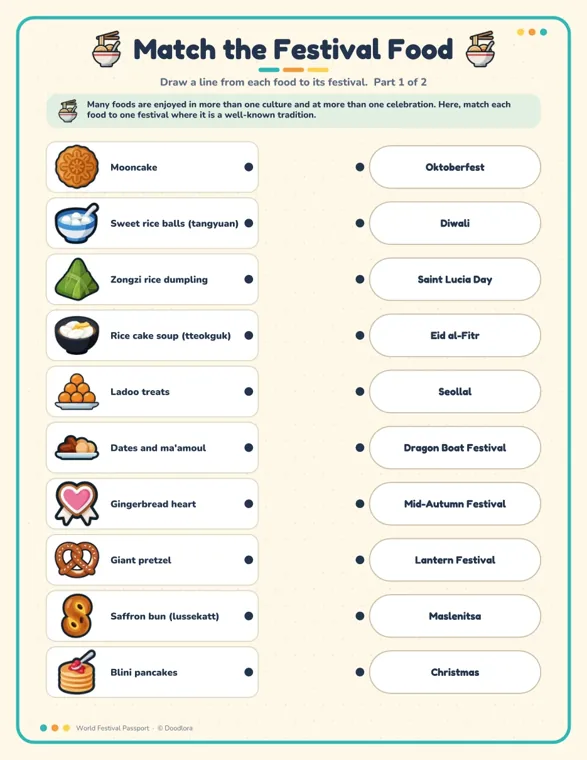 A worksheet titled Match the Festival Food, with ten foods on the left, including mooncake, tangyuan, zongzi and tteokguk, and ten festival names on the right
