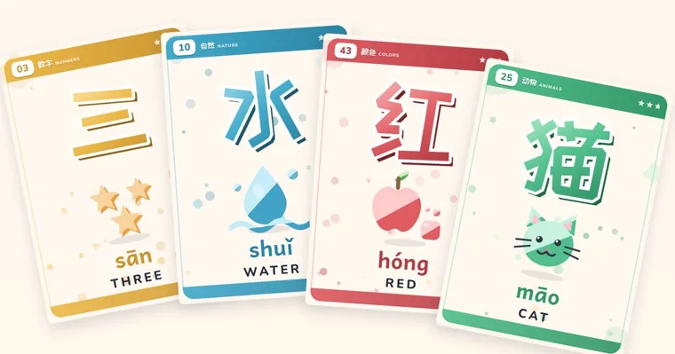 Four Chinese flashcards fanned out, 三 with three stars, 水 with a water drop, 红 with a red apple and 猫 with a green cat, each with pinyin and an English word