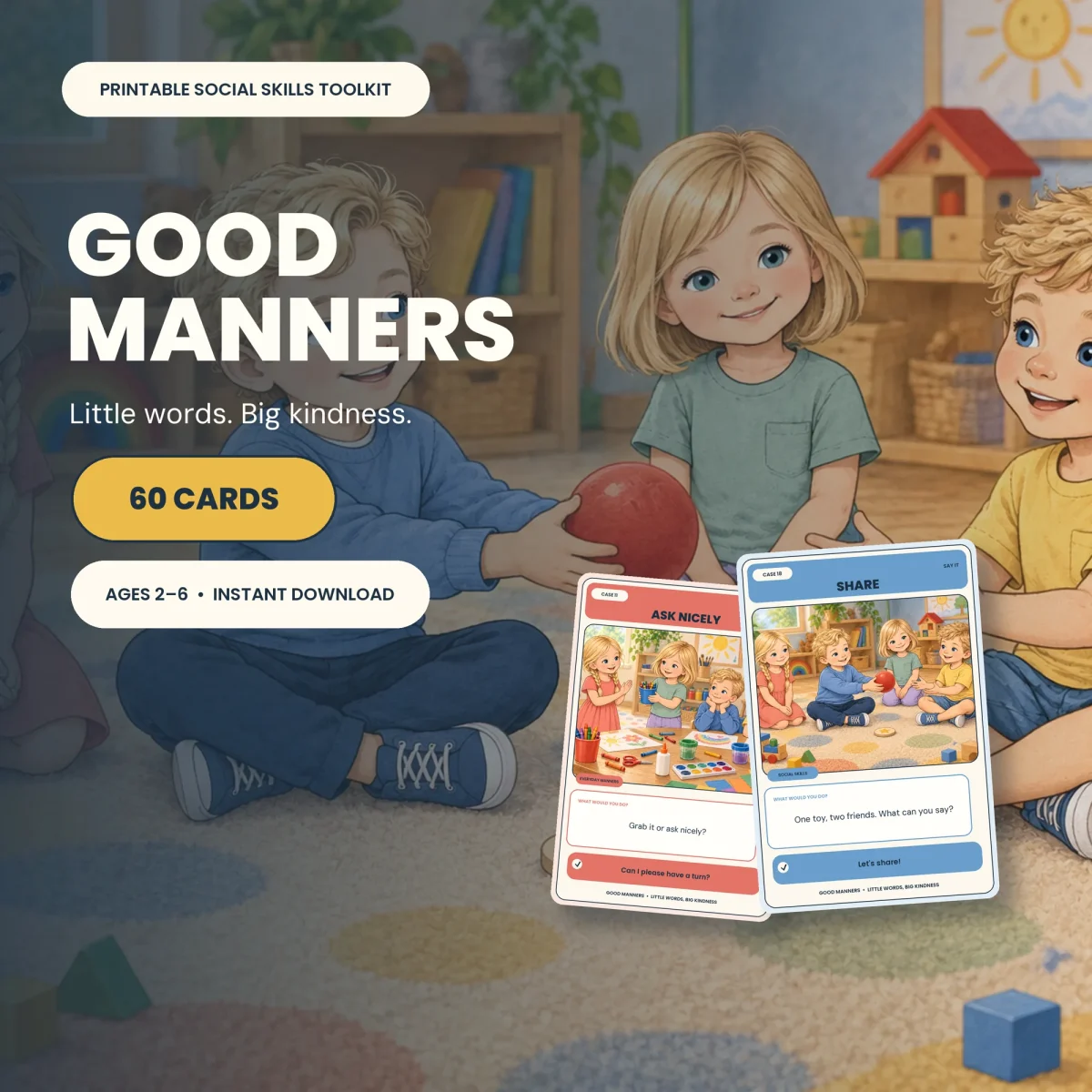 Two manners cards, Ask Nicely and Share, in front of a painted scene of preschoolers passing a red ball on a classroom rug