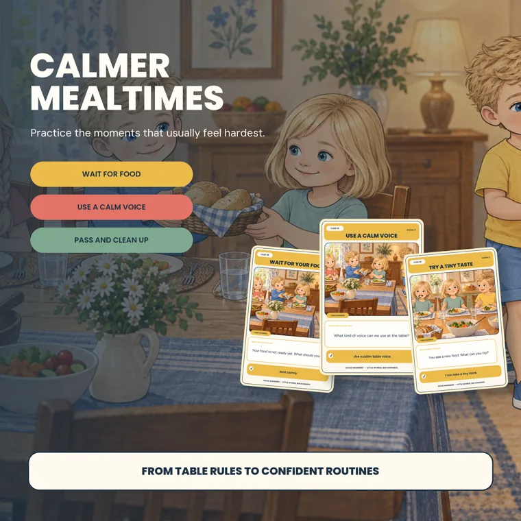 Three table manners cards, Wait for Your Food, Use a Calm Voice and Try a Tiny Taste, fanned over a painted family dinner table scene