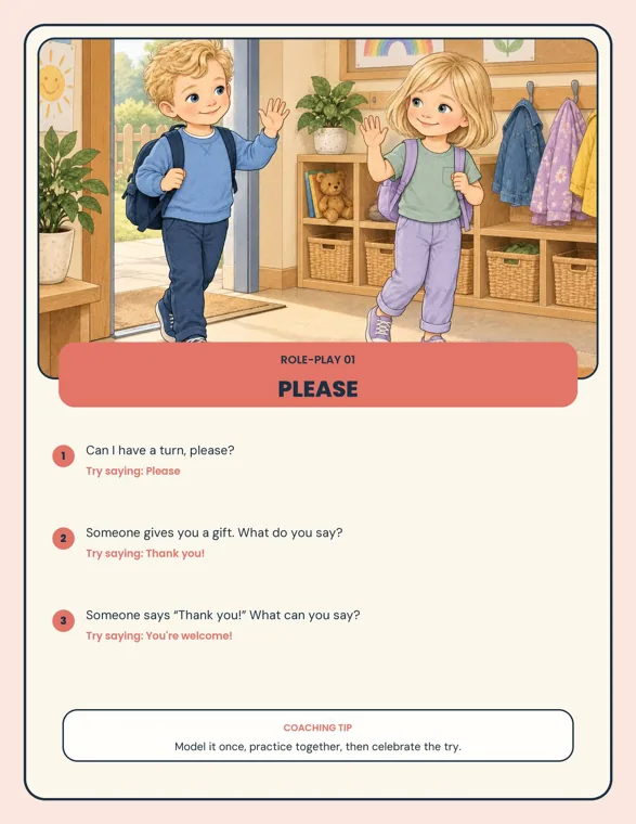 Role-play page 1, Please, with a painted doorway scene and three prompts: asking for a turn, receiving a gift and answering a thank-you