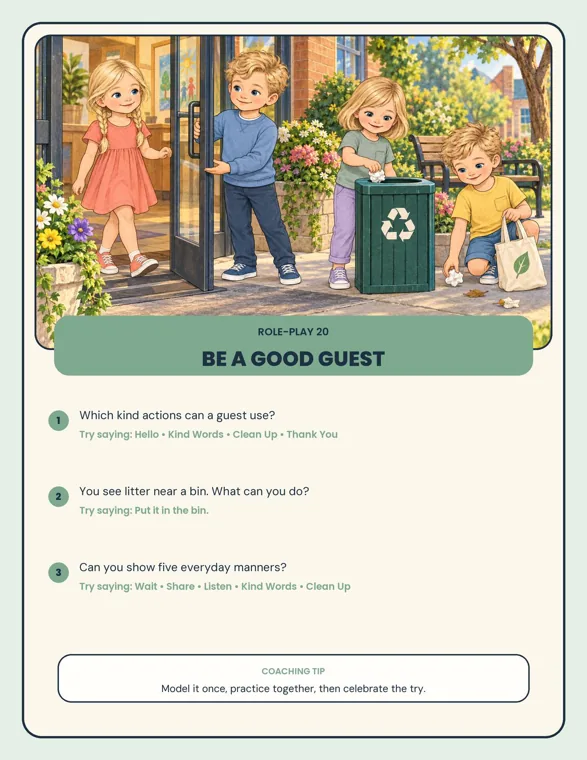 Role-play page 20, Be a Good Guest, with children at a doorway beside a recycling bin and three prompts with suggested answers