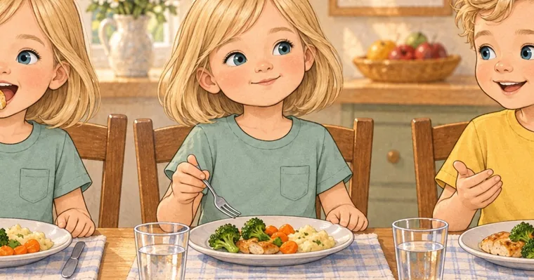 Three painted children at a wooden dinner table with plates of chicken, broccoli, carrots and mashed potatoes, one girl smiling and holding a fork