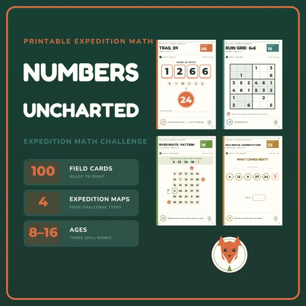 Numbers Uncharted cover panel with Trail 24, Ruin Grid, River Route and Relic Riddles sample cards, marked 100 field cards, 4 maps and ages 8–16