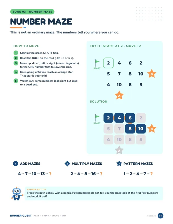 A Number Quest page explaining how to move through a number maze, with a three-row grid where the path 2, 4, 6, 8, 10 runs from the start flag to star B, and sample rows for add, multiply and pattern mazes
