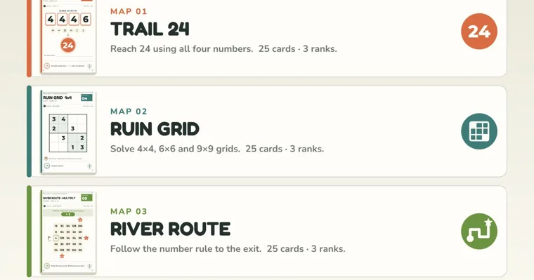 Three Numbers Uncharted puzzle types with a sample card each, Trail 24, a 4 by 4 Ruin Grid and a River Route multiply card, 25 cards and 3 ranks apiece
