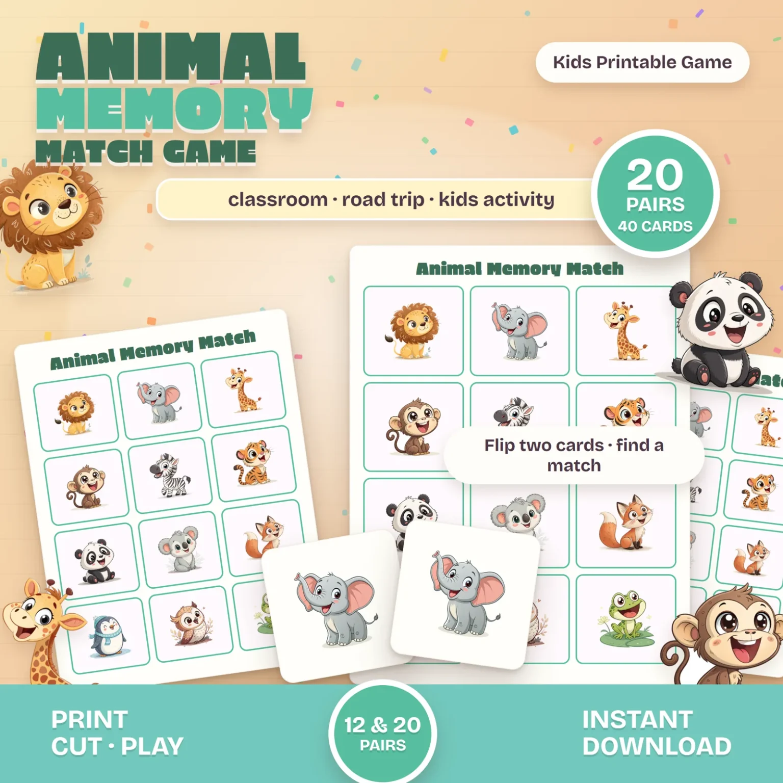 Animal Memory Match card sheets with a lion, elephant, giraffe and panda, and a matching pair of elephant cards, marked 20 pairs and 40 cards