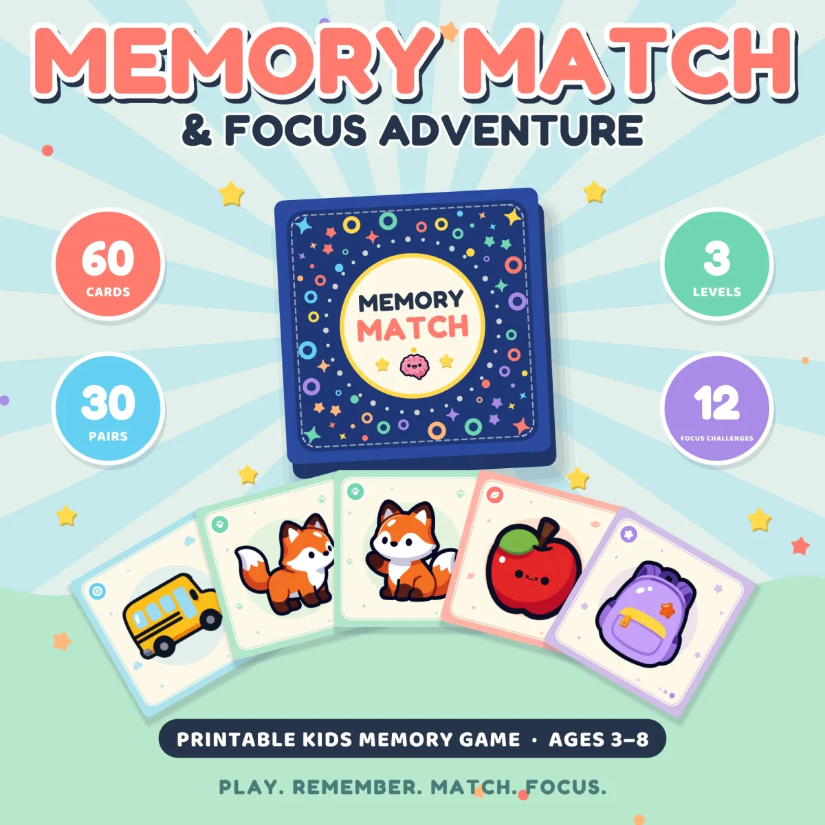 Memory Match and Focus Adventure title over a navy card back and five picture cards, a school bus, two foxes, an apple and a backpack, with badges for 60 cards, 30 pairs, 3 levels and 12 focus challenges