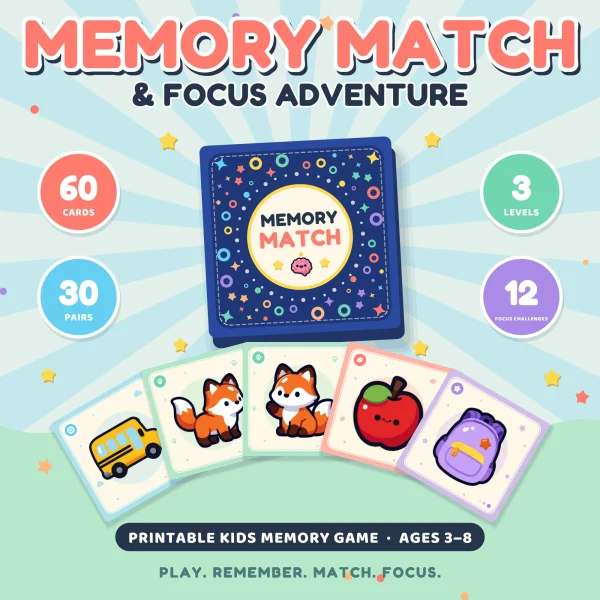 Memory Match and Focus Adventure title over a navy card back and five picture cards, a school bus, two foxes, an apple and a backpack, with badges for 60 cards, 30 pairs, 3 levels and 12 focus challenges