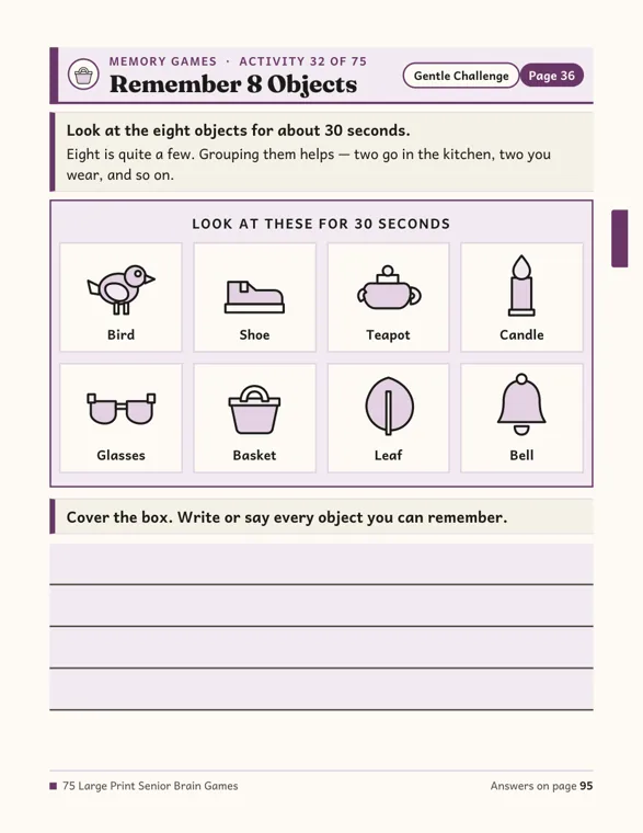 The Remember 8 Objects page, with a bird, shoe, teapot, candle, glasses, basket, leaf and bell in a box marked look at these for 30 seconds, and four lines below for writing