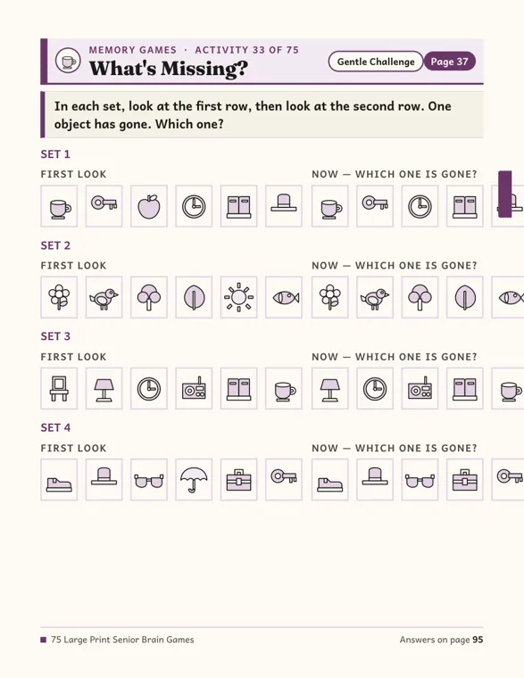 The What's Missing? page with four sets of pictures, each with a first row of six objects and a second row of five, the last picture of each second row cut off at the right edge of the page