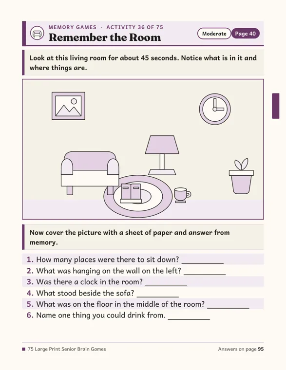 The Remember the Room page, a drawing of a living room with a sofa, framed picture, wall clock, lamp, round rug, cup and potted plant above six questions to answer from memory