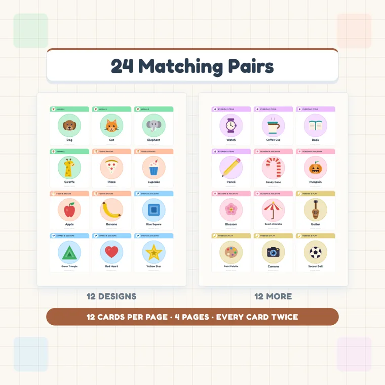 Two card sheets showing all 24 Memory Match designs, 12 to a page, with animals, food, shapes, everyday items, seasons and hobbies, each card with a colored theme band and its name under the picture