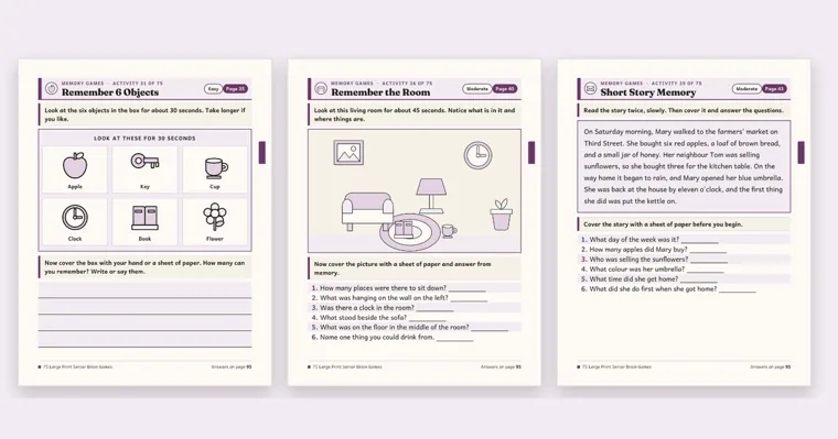 Three large-print memory game pages side by side, Remember 6 Objects, Remember the Room and Short Story Memory