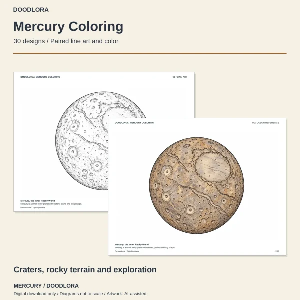 Design 01, Mercury's cratered globe crossed by long cliffs, as line art and as a tan and brown color reference