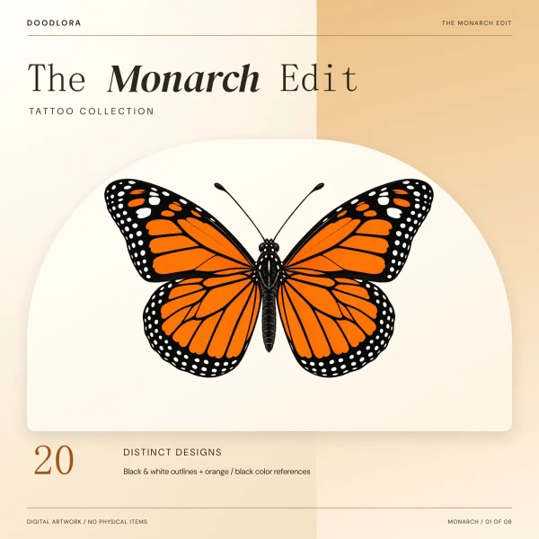 An orange and black monarch butterfly with open wings on a cream arch, under the words The Monarch Edit and 20 distinct designs
