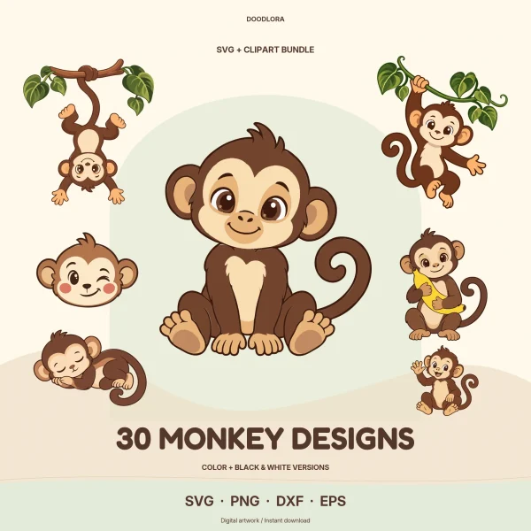 A seated cartoon monkey surrounded by a monkey hanging by its tail, one swinging on a vine, a winking face, a sleeping baby, a monkey hugging a banana and a waving baby