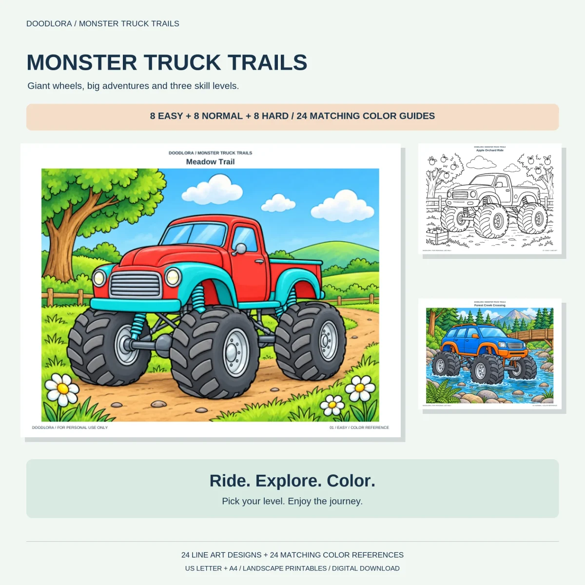 Monster Truck Trails cover with a red and teal pickup on a meadow trail, an orchard outline and a blue truck crossing a forest creek